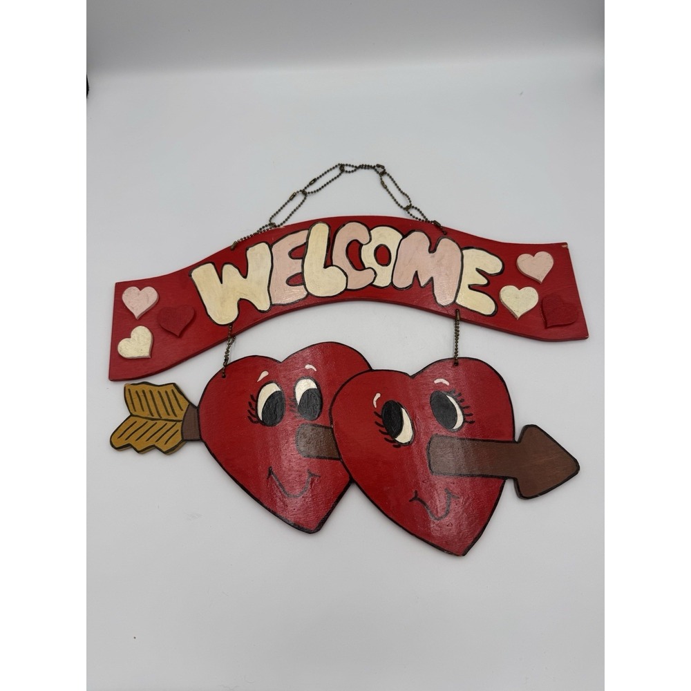 VTG Heart Shaped Wood Folk Handmade Country welcome sign Arrow Painted Art Hand
